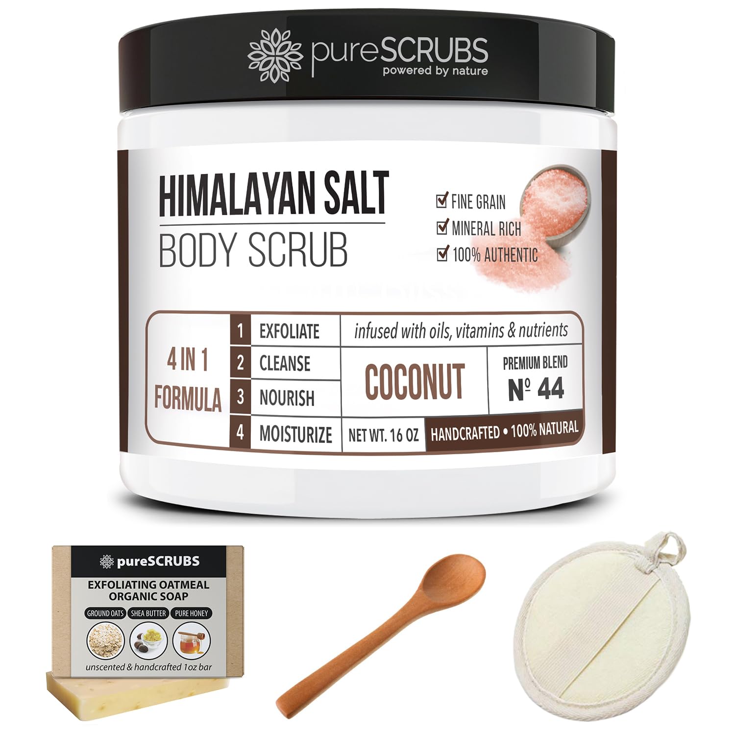 pureSCRUBS Premium Pink Himalayan Salt Body Scrub Set - Large 16 COCONUT SCRUB, Organic Essential Oils & Nutrients INCLUDES Wooden Stirring Spoon, Loofah & Mini Exfoliating Bar Soap