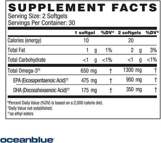 Oceanblue Professional Vegan Omega-3 1300-60 Count - Plant-Based Fish Oil Alternative, High-Potency Vegan DHA EPA Algae