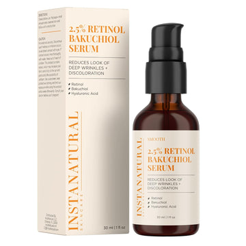 InstaNatural 2.5% Retinol Bakuchiol Face Serum, Minimizes Lines, Wrinkles, Discoloration and Signs of Aging, with Hyaluronic Acid and Squalane, 1