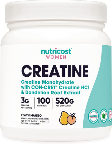 Nutricost Creatine Monohydrate Powder for Women, Micronized, Peach Mango, 100 Servings - Vegetarian, Non-GMO, Gluten Free