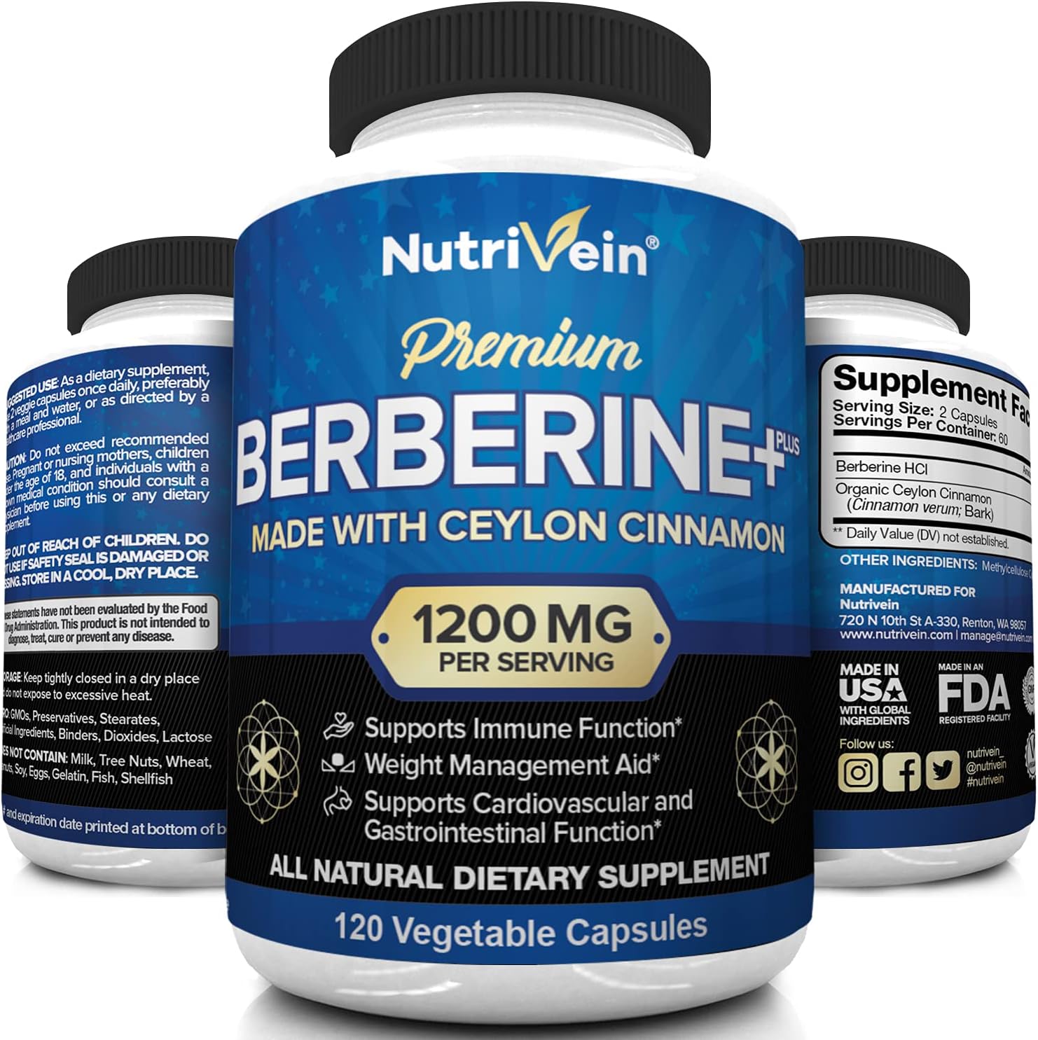 Nutrivein Premium Berberine HCL 1200mg Plus Organic Ceylon 