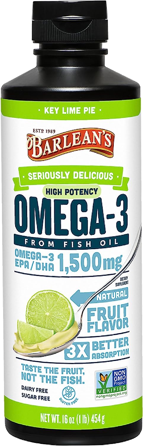 Barlean's Key Lime Pie High Potency Omega 3 Fish Oil Liq Supplement, 1500mg of EPA & DHA Fatty Acid, Smoothie avored & Burpless for Brain, Joint, & Heart Health, 1