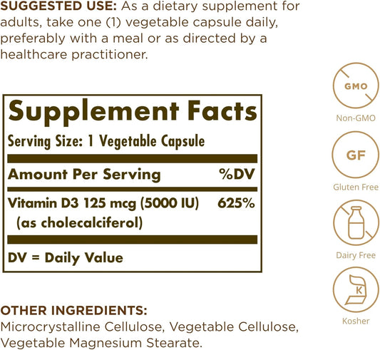 Solgar Vitamin D3 (Cholecalciferol) 125 Mcg (5000 Iu), 60 Vegetable Ca