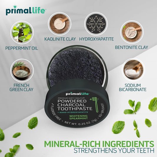 Primal Life Organics - Dirty Mouth Toothpowder, Activated Charcoal Tooth Cleaning Powder, Essential Oils with Kaolin & Bentonite Clay, 200+ Brushings, Organic, Vegan (Black Spearmint, 0.25 )