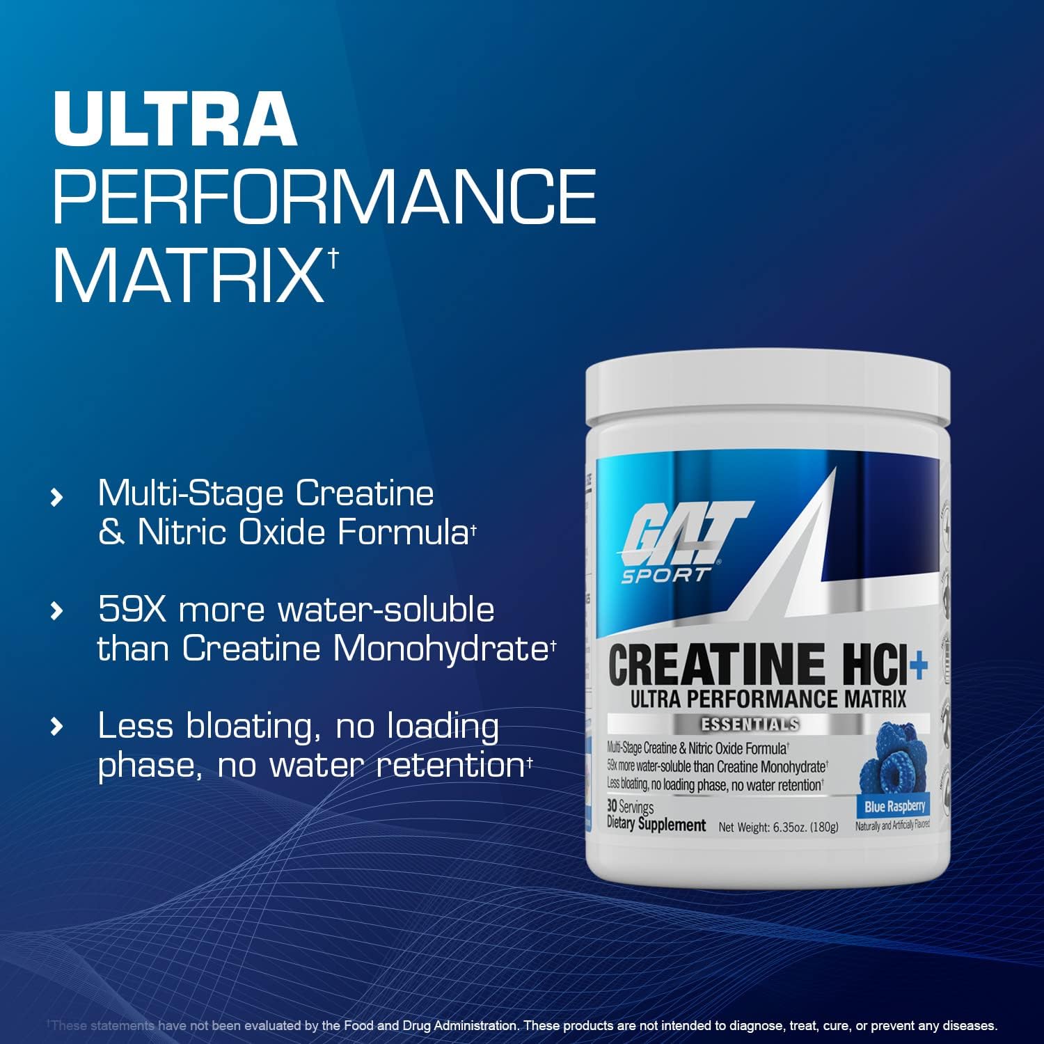 GAT SPORT Creatine HCI+, N03-T® Nitrate Matrix, 30 Servings (Blue Rasp