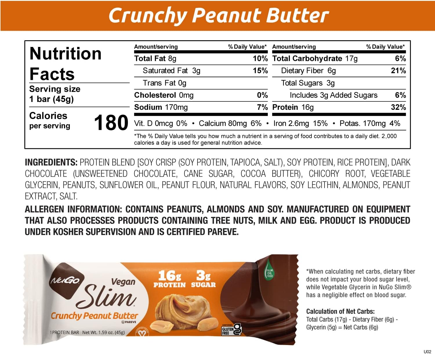 Nugo Slim Dark Chocolate Crunchy Peanut Butter, 16g Vegan Protein, 3g 