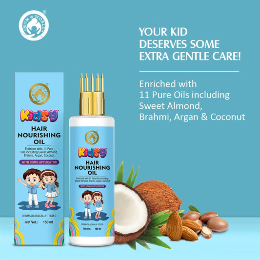 Mom & World Kidsy Hair Nourishing Oil With Comb Applicator for Kids, Dermatologically Tested, Enriched With 11 Pure Oils