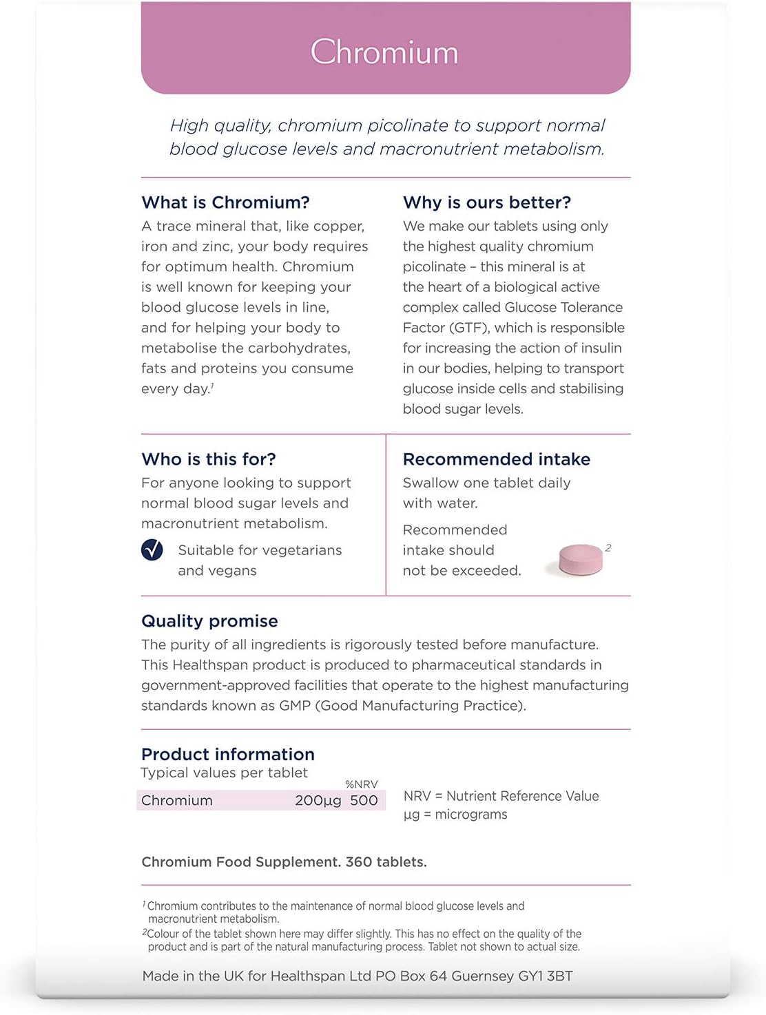 Healthspan Chromium | Helps to Maintain Blood Glucose levles | 360 Tab