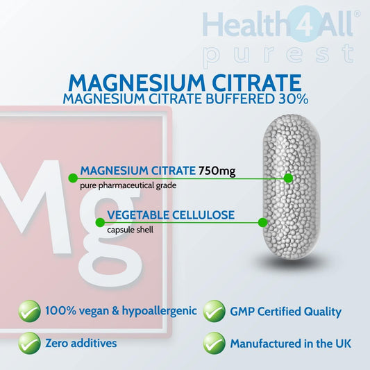 Health4All Magnesium Citrate 750mg 90 Capsules (V) (225mg Elemental Ma110 Grams