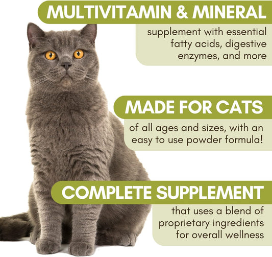 Wholistic Pet Organics Feline Complete: Cat Multivitamins Powder - 8 oz - Cat Probiotics for Indoor Cats - Immune Suppor