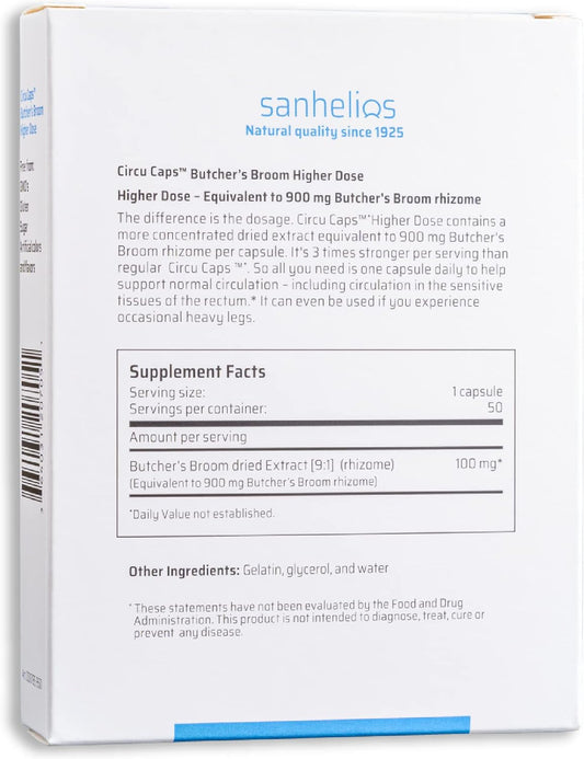 Sanhelios Circu Caps Higher Dose Max Potency Butcher's Broom Extract 100mg - Herbal Support Supplement for Healthy Blood
