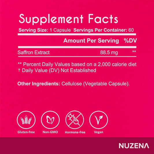 Nuzena Saffron Super Spice +, 88.5mg per Serving Saffron Extract Capsules, Pack of 60 Made in USA Vegan, Non-GMO Pure Sa