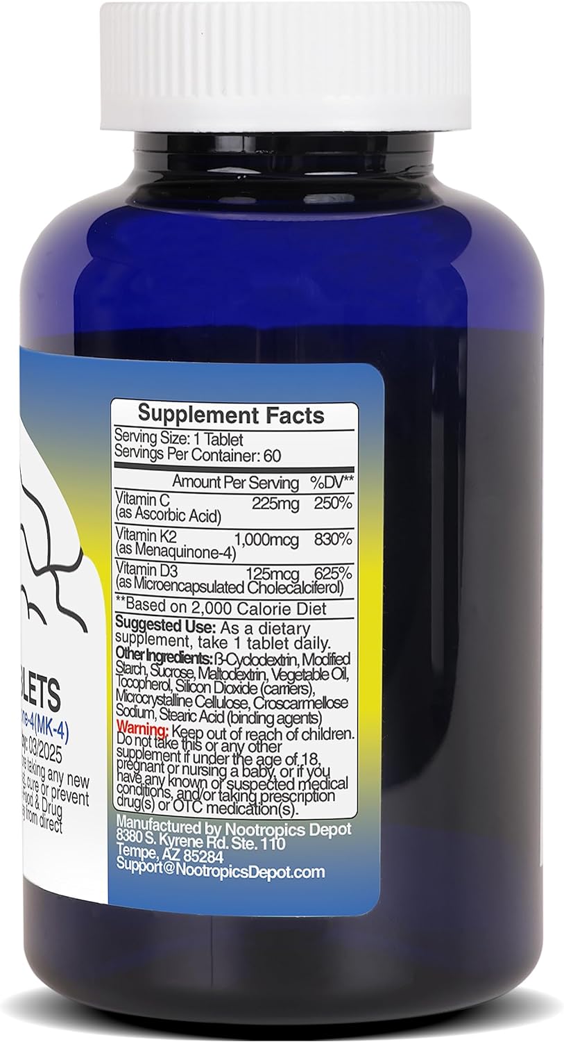 Nootropics Depot Vitamin D3 + K2 with Vitamin C Tablets | 60 Count | C