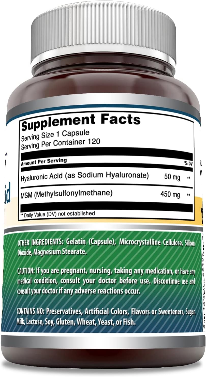 Amazing Formulas Hyaluronic Acid & MSM 500mg 120 Capsules Supplement |