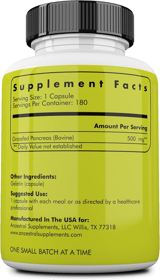Ancestral Supplements Grass Fed Beef Pancreas Supplement, 500mg, Pancreatic Support with Proteolytic Enzymes for Digesti