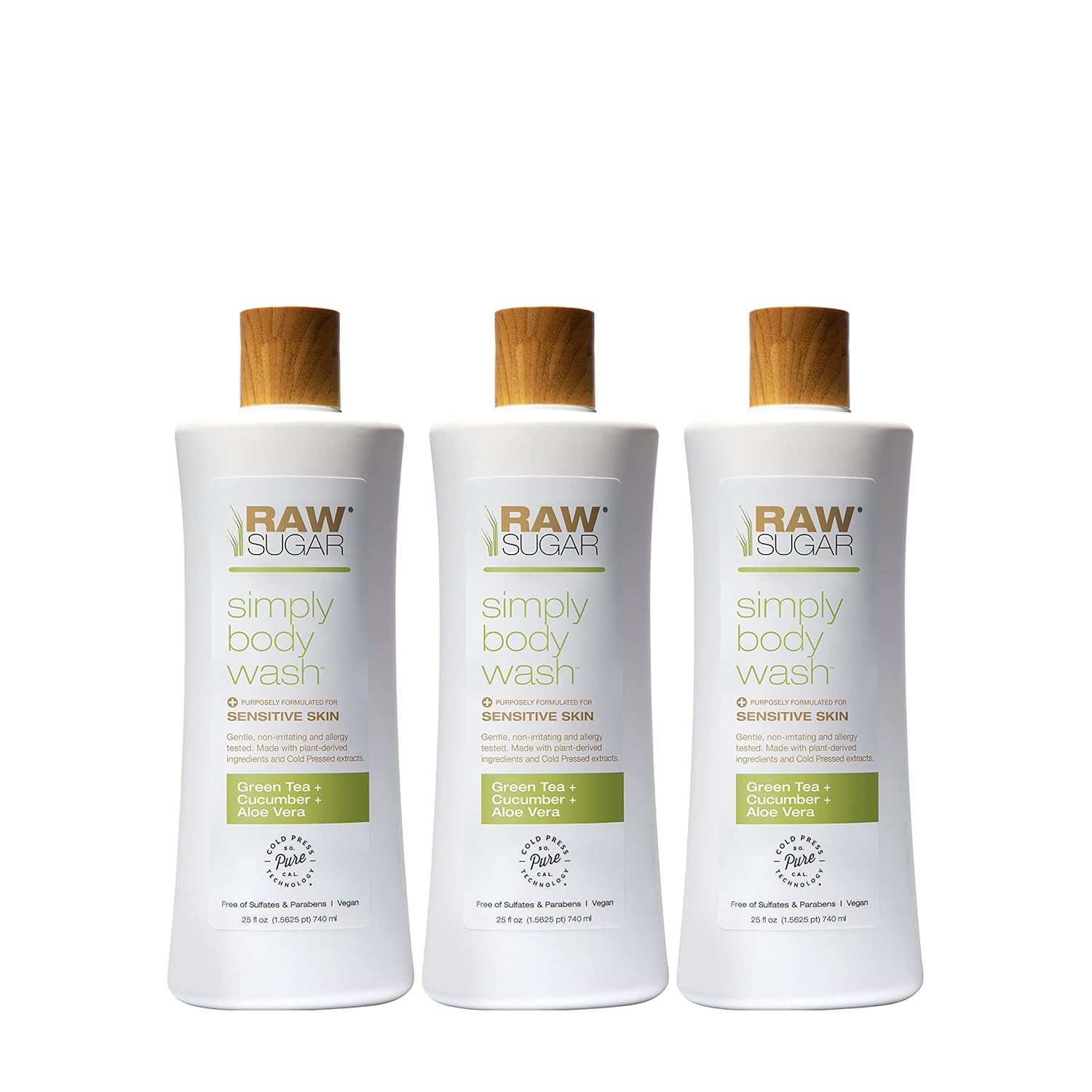 RAW SUGAR Sensitive Skin Simply Body Wash - Green Tea + Cucumber + Aloe Vera, Moisturizing & Brightening Bath & Shower Gel, Sulfate-Free, Paraben-Free & Vegan (Pack of 3)