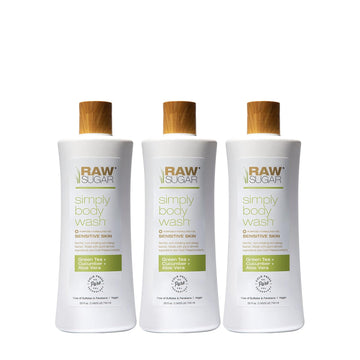 RAW SUGAR Sensitive Skin Simply Body Wash - Green Tea + Cucumber + Aloe Vera, Moisturizing & Brightening Bath & Shower Gel, Sulfate-Free, Paraben-Free & Vegan (Pack of 3)