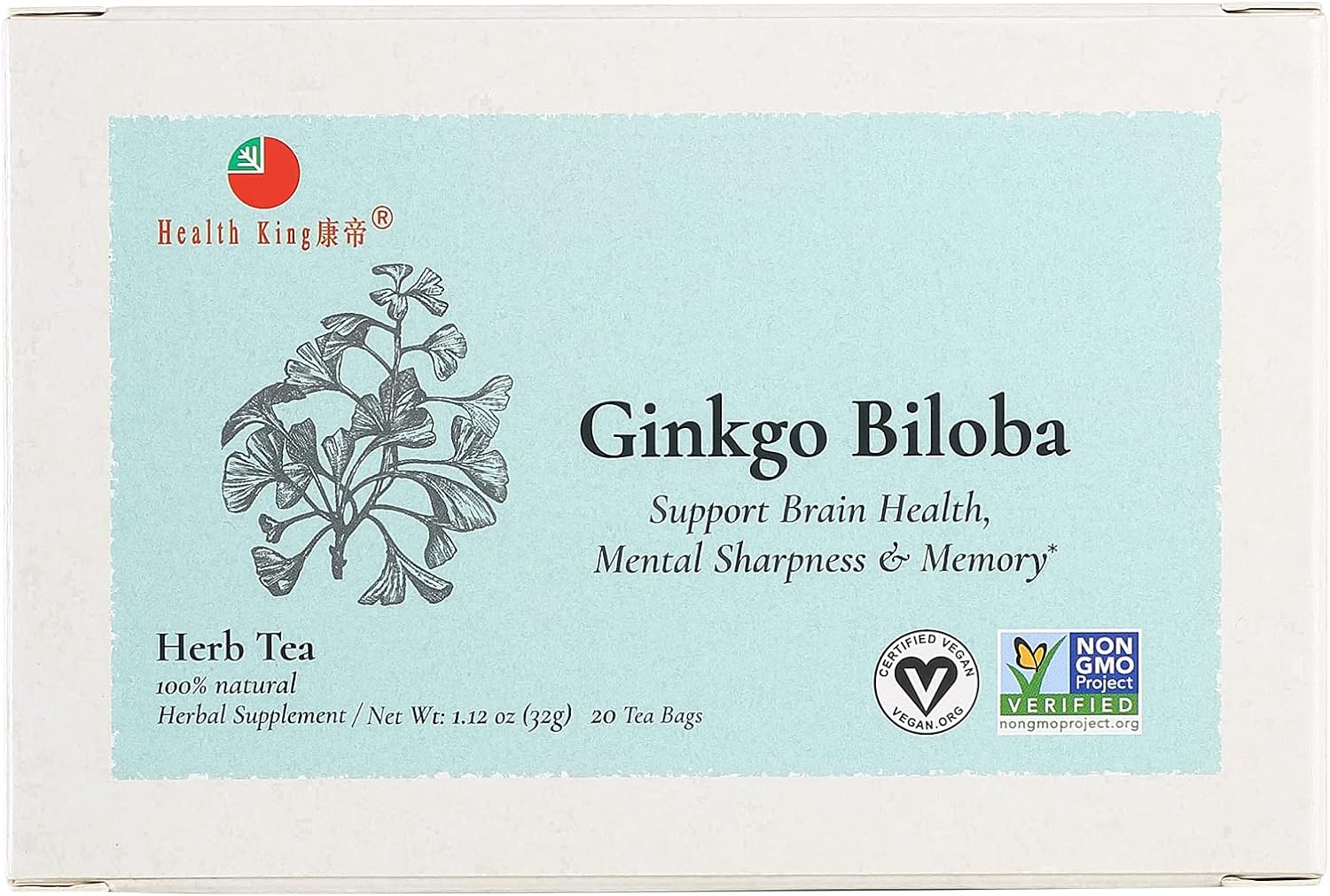 Health King Ginkgo Biloba Herb Tea, Teabags, 20 Count Box