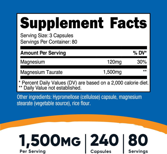 Nutricost Magnesium Taurate 1,500mg; 240 Capsules - Gluten Free, Non-GMO, Vegan, 80 Servings