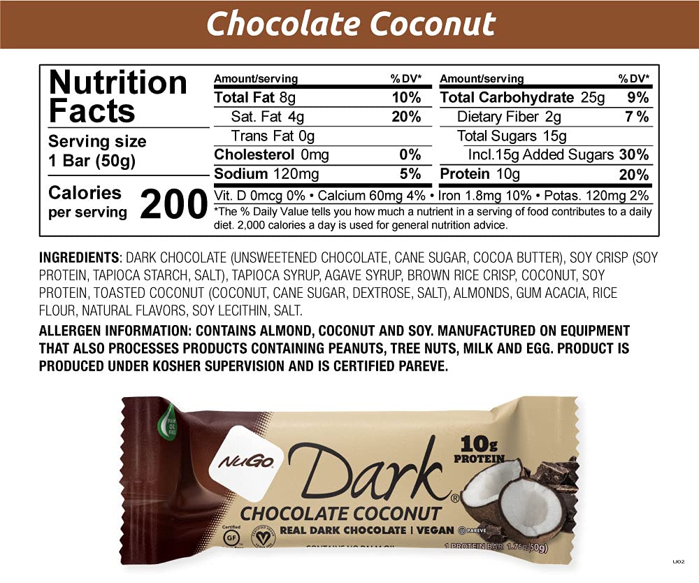 NuGo Dark Coconut, 12g Vegan Protein, 200 Calorie, Gluten Free, 24 Cou