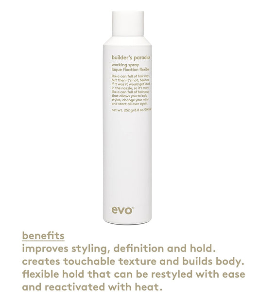 evo Builder's Paradise Working Spray - exible Hold & Helps Control Frizz - Provides Volume & Lasting Hair Style