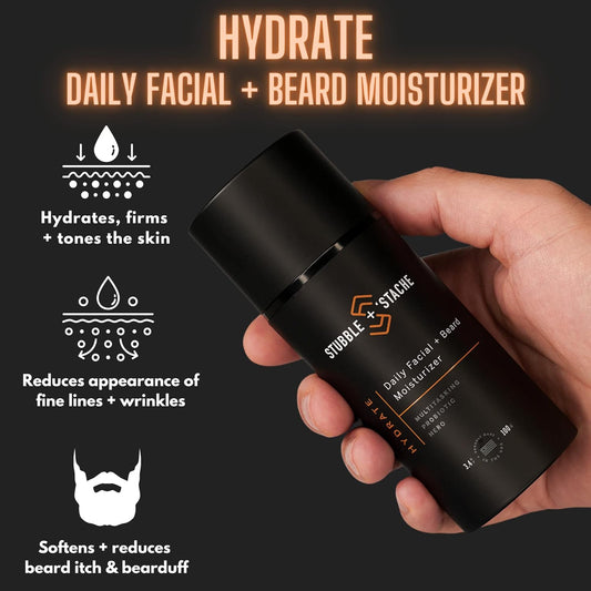 Hydrate Mens Face Moisturizer + Beard Conditioner for men with Hyaluronic Acid, Niacinamide, Argan Oil, Aloe Vera, Jojoba Oil and Vitamin A, Anti-aging mens face lotion, 3.4 . | stubble & 'stache