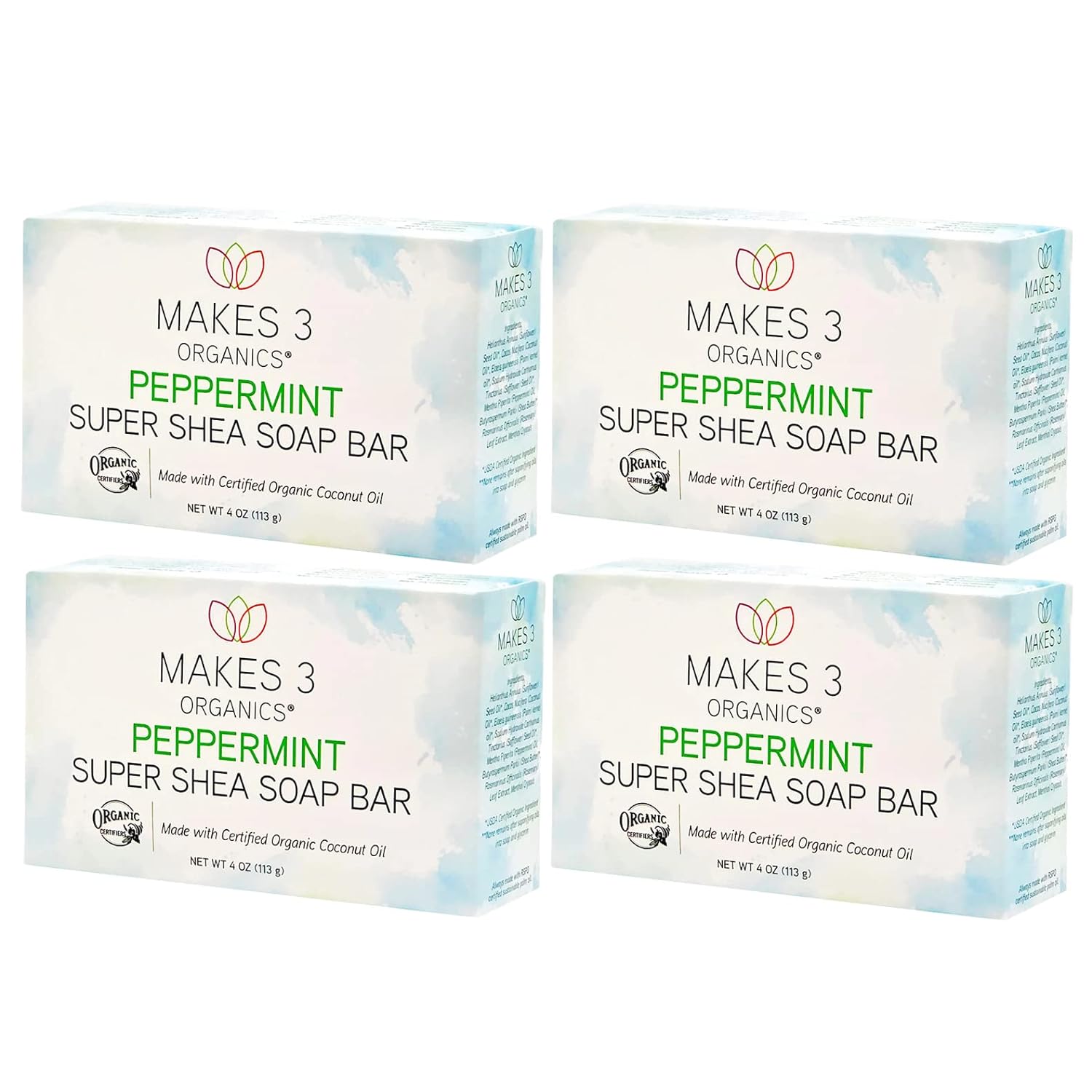 Makes 3 Organics - Peppermint Shea Butter Bar Soap (4-Pack)