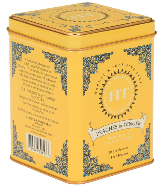 Harney & Son's Peaches & Ginger Black Tea Mothers Day Gift Set (2 Pack, 20 Sachets Ea.) - Black Tea Blend of Real Peaches & Ginger - Caffeinated, Sweet & Fruity Flavors - Each Tin