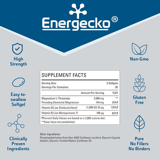 Enerrgecko Liposomal Magnesium L-Threonate Softgels 2000mg - Magnesium Supplement with Vitamin D3 & K2 - Brain and Bone