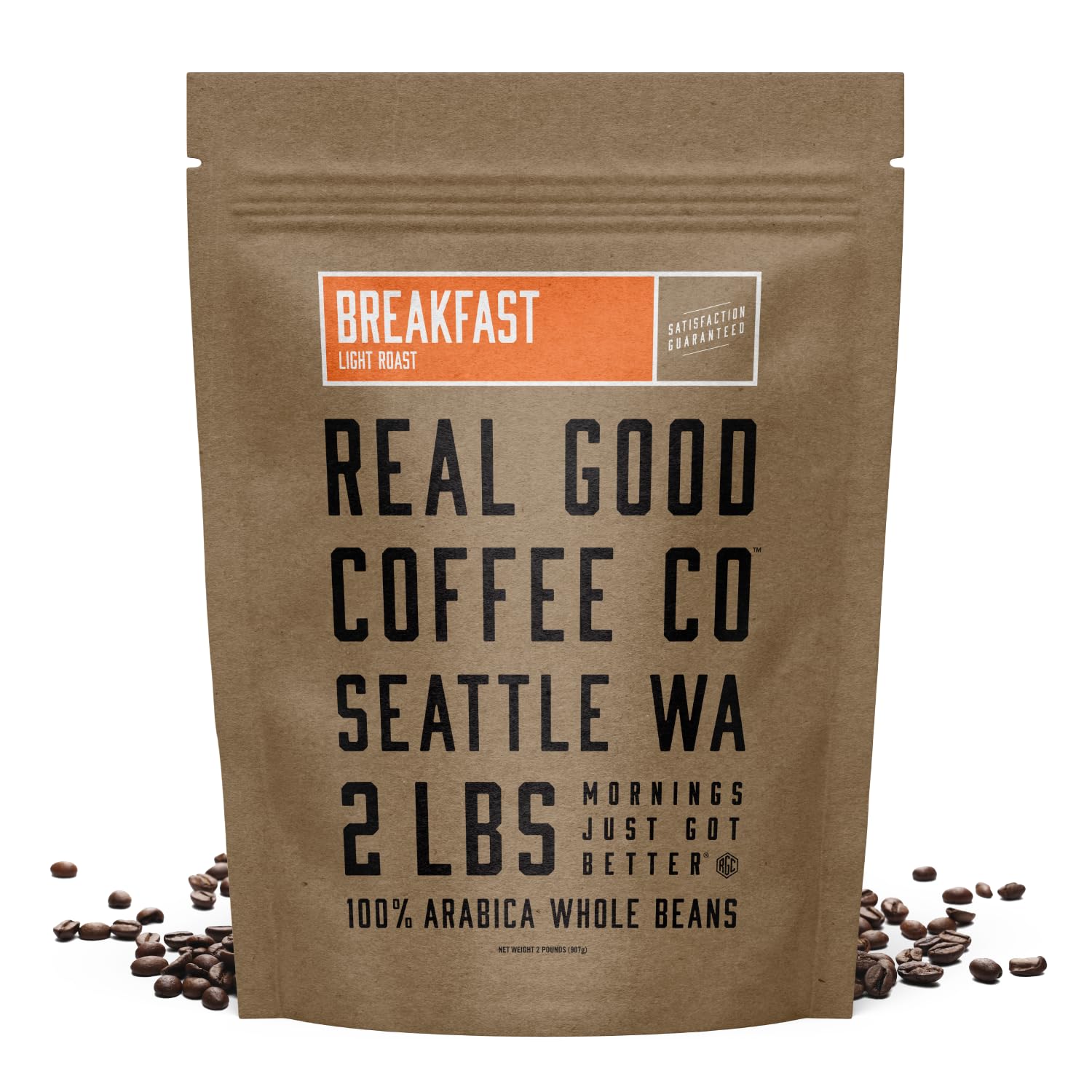 Real Good Coffee Company - Whole Bean Coffee - Breakfast Blend Light Roast Coffee Beans - Bag - 100% Whole Arabica Beans - Grind at Home, Brew How You Like