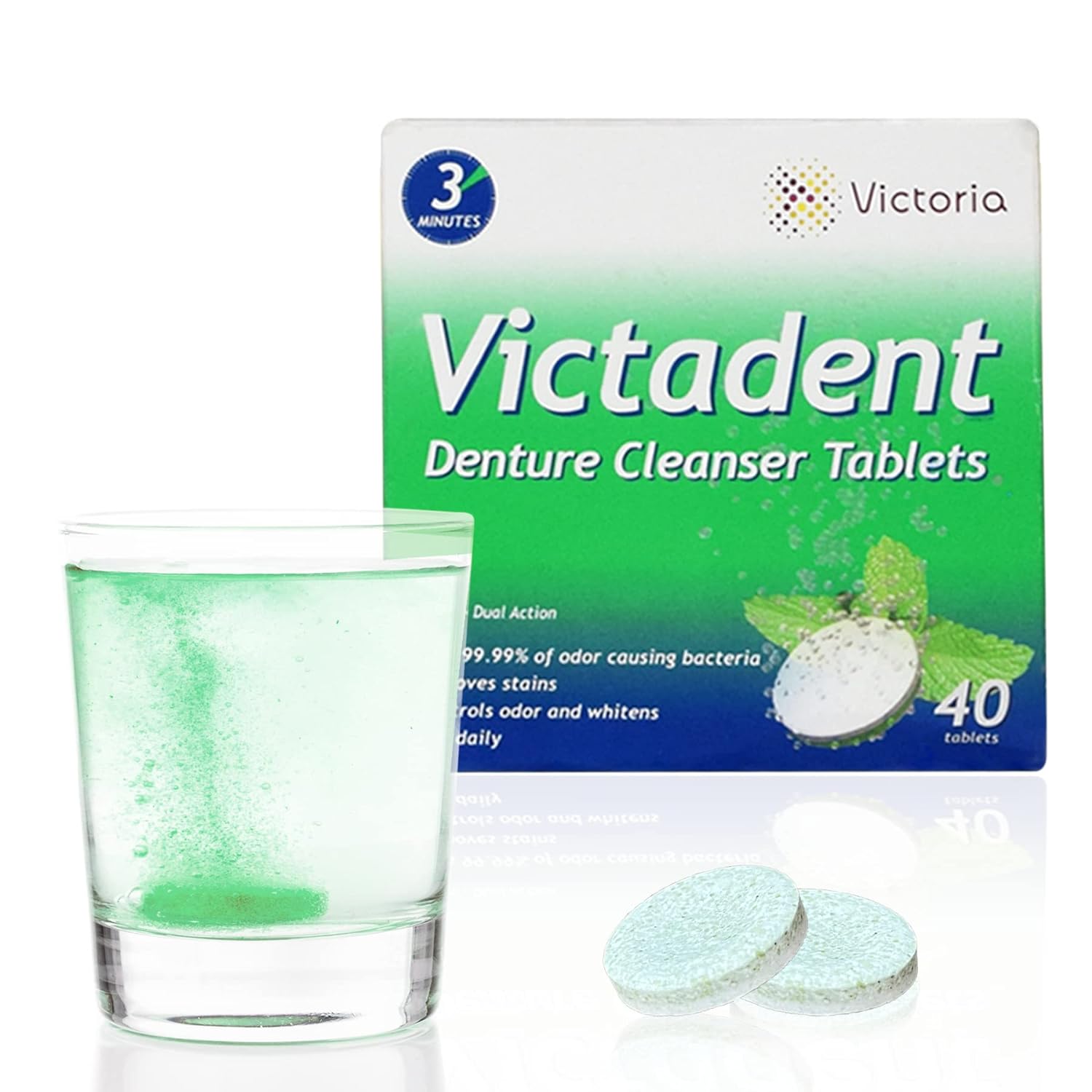 Victadent Denture, Retainer & Mouth Guard Cleanser Tablets - Effervescent Cleansing Tablets for Dental Appliances - Removes Plaque and Odor in Just 3 Min - 40 Tablets - USA Formulated