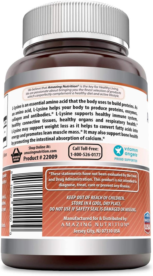 Amazing Formulas L-Lysine Amino Acid Vitamin Supplement (Non-GMO, Gluten Free) - Immune Support, Respiratory Health & More (Capsules, 500 Count)