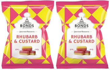 Original Bonds London Rhubarb & Custard Bag Sugar Coated Rhubarb & Vanilla Flavored Boiled Sweets. 2-Pack