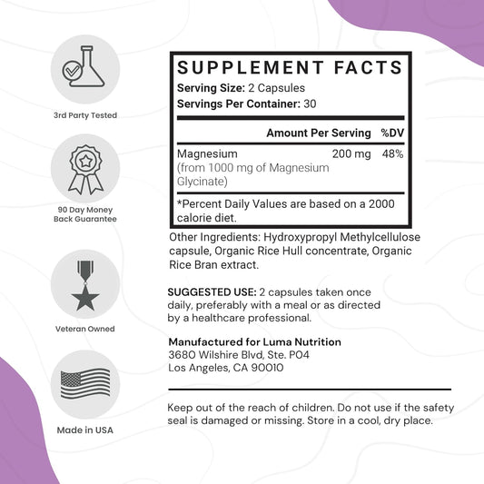 Magnesium Glycinate 1000mg (Equal to 200mg Magnesium) - Pure Magnesium