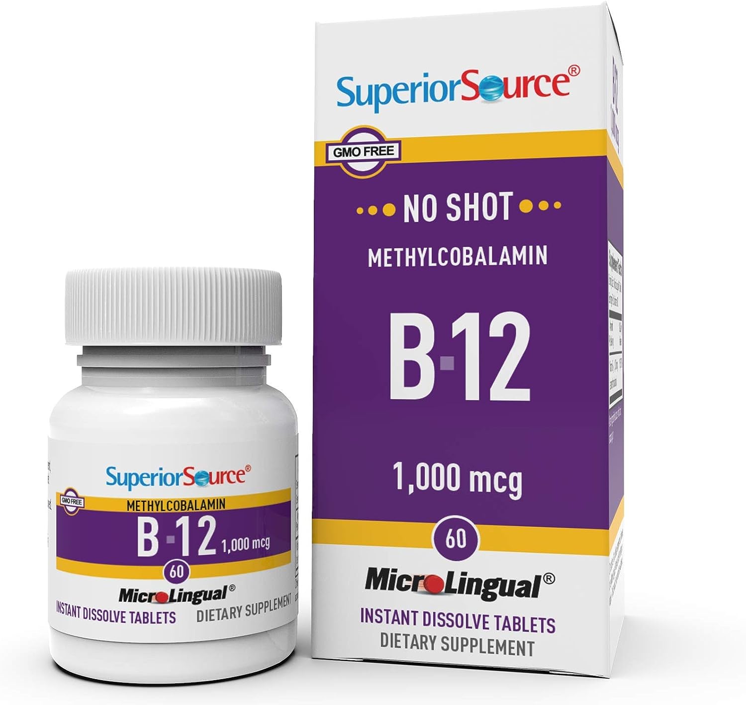 Superior Source No Shot Vitamin B12 Methylcobalamin 1000 Mcg, Quick Dissolve Microlingual Tablets, 60 Count, Active Form