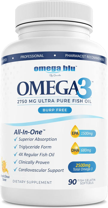 OMEGA BLU Triple Strength Pharmaceutical Grade Fish Oil 2750mg - 1500mg EPA - 680mg DHA - Triglyceride Form - No Fishy B