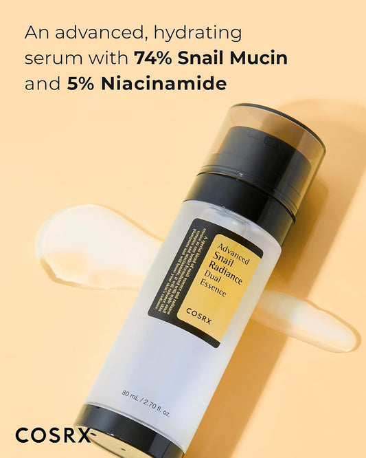 COSRX Niacinamide 5% + Snail Mucin 74% Dual Essence, Anti aging Face Serum for Dull Skin, Hydrating, Brightening, Repairing, 2.70 . / 80, Sensitive Skin, Not Tested on Animals, Korean Skincare