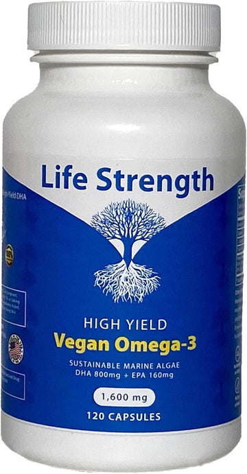 Life Strength Vegan Omega-3 Supplement - Marine Algae with DHA & EPA Fatty Acids - Plant-Based Fish Oil Alternative - Ca