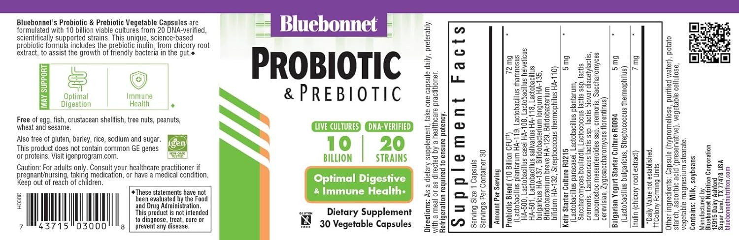 Bluebonnet Nutrition Probiotic & Prebiotic, 10 Billion CFU, Supports I