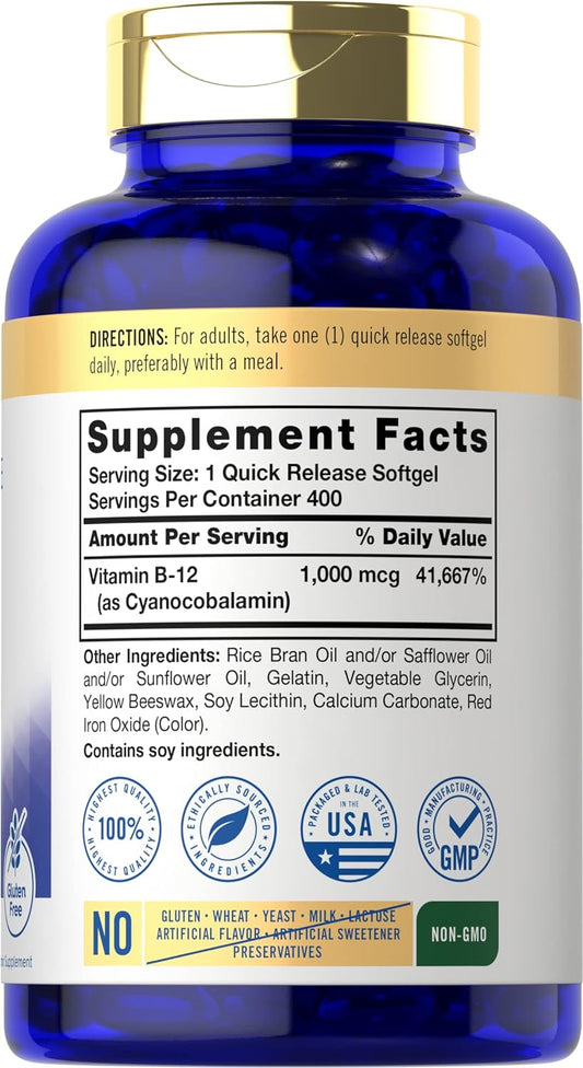Carlyle Vitamin B12 Absorbable 1000mcg | 400 Softgels | Non-GMO and Gl