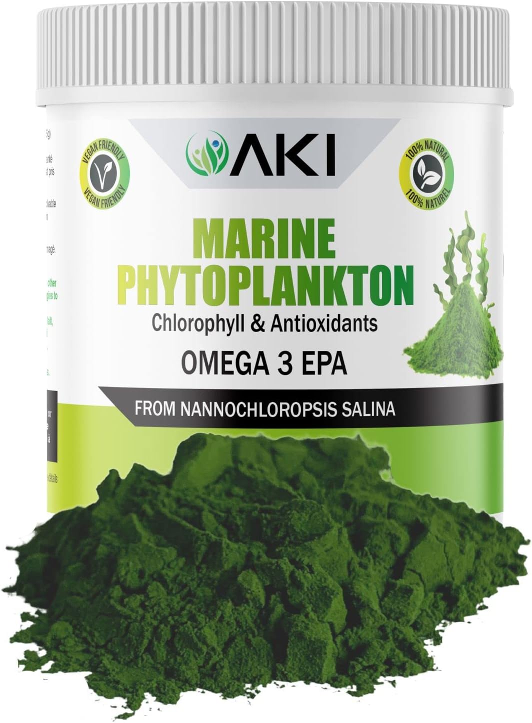 AKI Marine Phytoplankton Powder (2 Oz / 57G) Raw Omega 3 EPA Micro Algae Nannochloropsis - Plant Based Proteins, Vitamin