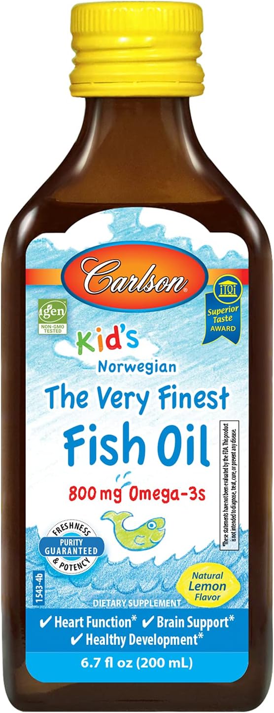 Carlson - Kid's The Very Finest Fish Oil Liq, 800 mg Omega-3s, Norwegian, Wild-Caught Fish Oil, Omega 3 Liq for Kids, Sustainably Sourced, Lemon, 200 ml