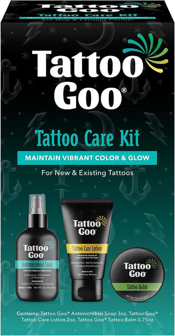Tattoo Goo Aftercare Kit Includes Antimicrobial Soap, Balm, and Lotion, Tattoo Care for Color Enhancement + Quick Healing - Vegan, Cruelty-Free, Petroleum-Free (3 Piece Set)