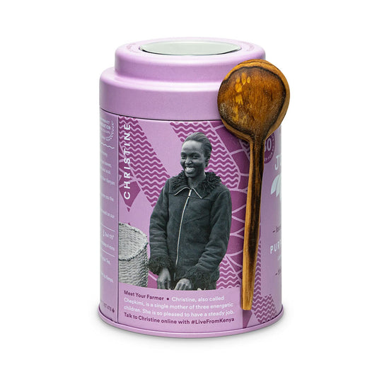 JusTea PURPLE JASMINE | Loose Leaf Purple Tea | Tin with Hand Carved Tea Spoon | 40+ Cups | Low Caffeine | Award-Winning | Fair Trade | Non-GMO