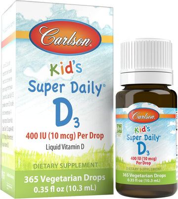 Carlson - Kid's Super Daily D3, Kids Vitamin D Drops, 400 IU (10 mcg) per Drop, Heart & Immune Health, Vegetarian, Liq Vitamin D Drops, Unavored, 365 Drops