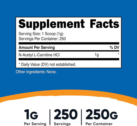 Nutricost Acetyl L-Carnitine (ALCAR) 250 Grams Powder - 1G Per Serving - 250 Servings