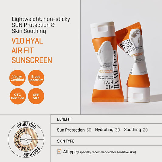 SOME BY MI V10 Hyal Air Fit Sunscreen - 1.69, 50ml - SPF 50 Korean Sunscreen with OTC Broad Spectrum for UVA&UVB Protection - No White Cast and Eye Irritation for Sensitive Skin - Facial Skin Care