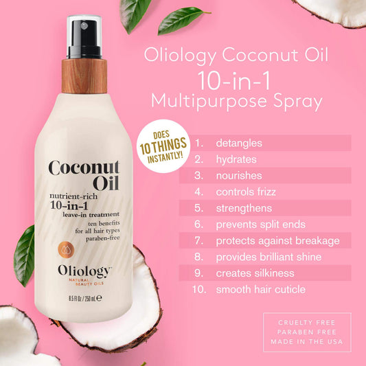 Oliology Coconut Oil 10-in-1 Multipurpose Spray - Leave in Treatment for All Hair Types | Detangles, Controls Frizz, Hydrates & Moisturizes | Made in USA, Cruelty Free & Paraben Free (8.5 , 2 Pack)