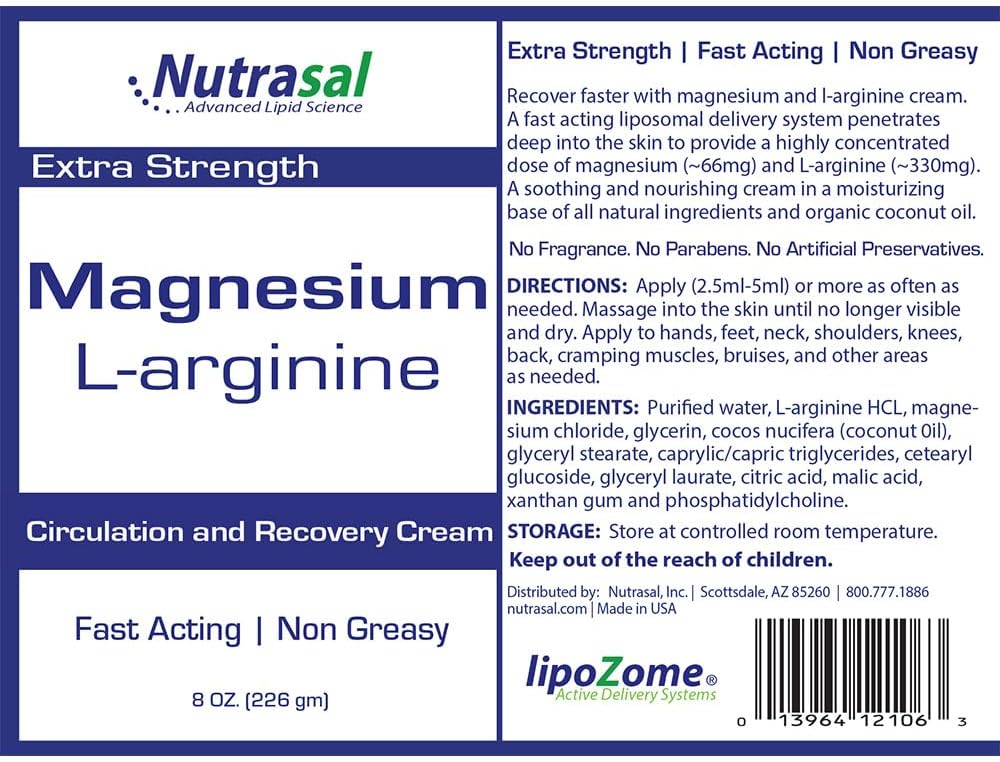 Nutrasal Magnesium L-Arginine Cream Nitric Oxide Blood Flow Circulatio