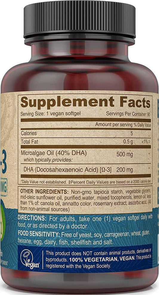 DEVA Vegan Omega-3 DHA Supplement - Once-Per-Day Softgel 200 MG - Carrageenan Free - Gelatin Free - Non-Fish - Algae Oil